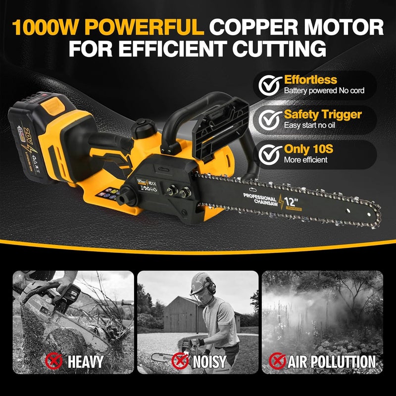 FXAFXA 12" Electric Chainsaw Cordless, 20V Battery Powered Cordless Chain Saw, Chainsaw with 2 x 4.0Ah Lithium ion Battery and Charger for Wood Cutting, Tree Trimming and Branch Pruning - Image 2